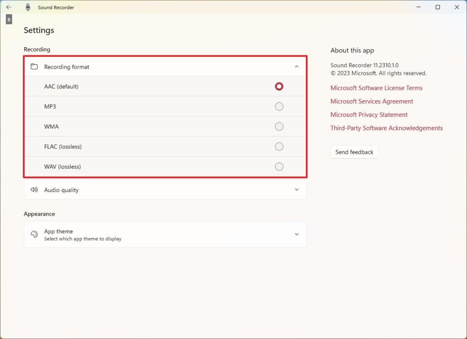 Recording format settings