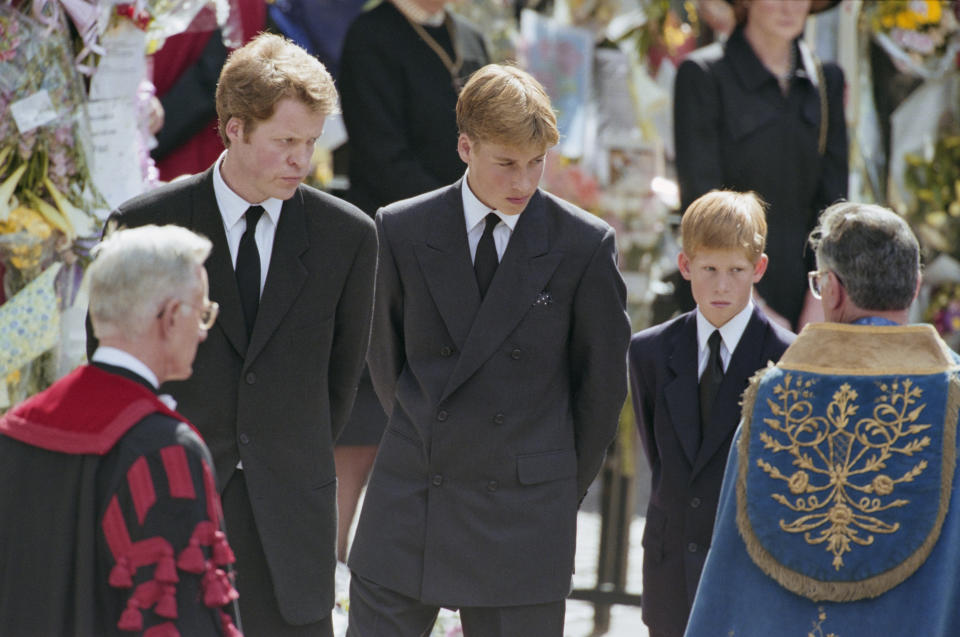 Charles Spencer, 9th Earl Spencer, brother of Diana, Princess of Wales (1961-1997), and her sons, Prince William and Prince Harry, attending the Princess's funeral service at Westminster Abbey, London, England, 6th September 1997. (Photo by Princess Diana Archive/Hulton Archive/Getty Images)