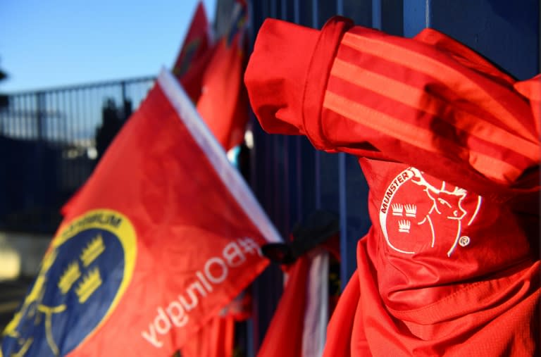 A Munster jersey hanging at the grid of the Yves du Manoir stadium in Colombes, outside Paris, in tribute to Munster head coach Anthony Foley who died suddenly