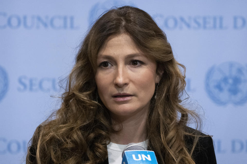 Ms. Emine Dzhaparova, First Deputy Foreign Minister of Ukraine, speaks outside the Security Council chambers at United Nations headquarters, Thursday, Jan. 12, 2023. (AP Photo/John Minchillo)