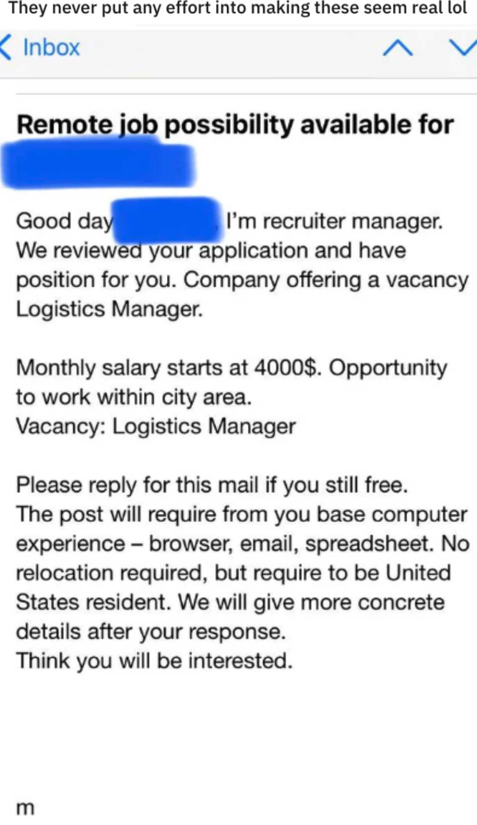 a person sending a job listing and saying they're "recruiter manager"