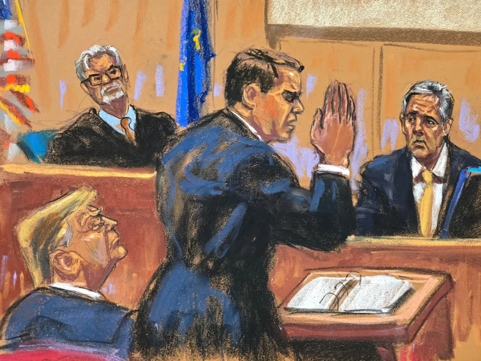 A courtroom sketch of Michael Cohen testifying in court.