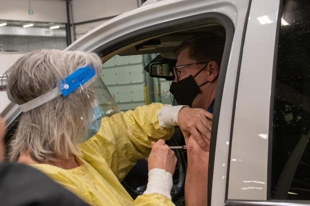 Premier Scott Moe received a COVID-19 vaccine in Regina on Thursday. (Twitter/Scott Moe - image credit)