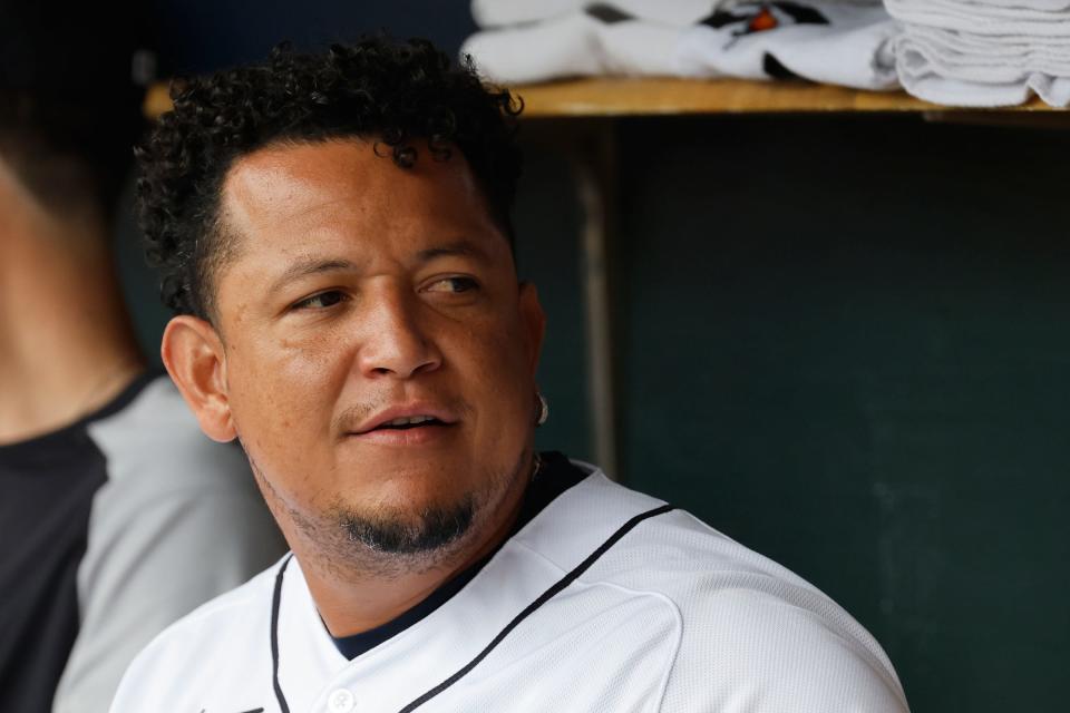 Tigers designated hitter Miguel Cabrera in the dugout during the first inning of the Tigers' 4-3 win over the Padres on Wednesday, July 27, 2022, at Comerica Park.