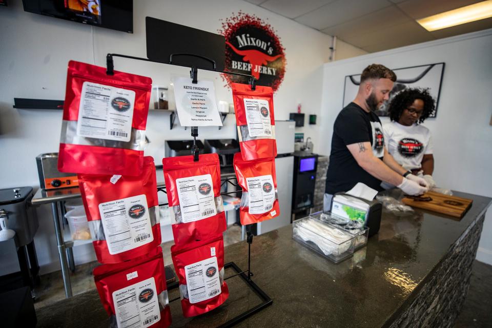 Alongside the jerky, the Mixons offer loaded beef jerky nachos and loaded beef jerky French fries, which include shredded jerky, jalapenos, tomatoes and sour cream. Other items include funnel cake fries, homemade banana pudding and a variety of fruit lemonades.