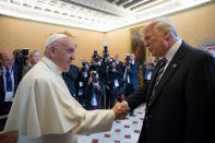 <p>Pope Francis meets with President Donald Trump on the occasion of their private audience, at the Vatican, Wednesday, May 24, 2017. (Photo: L’Osservatore Romano/Pool Photo via AP) </p>