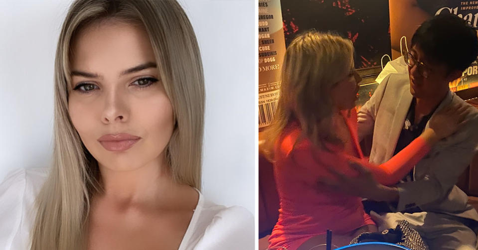 L: MAFS star Olivia Frazer smiles at the camera with straightened hair. R: Olivia Frazer and Aaron Seeto talk to each other at a party