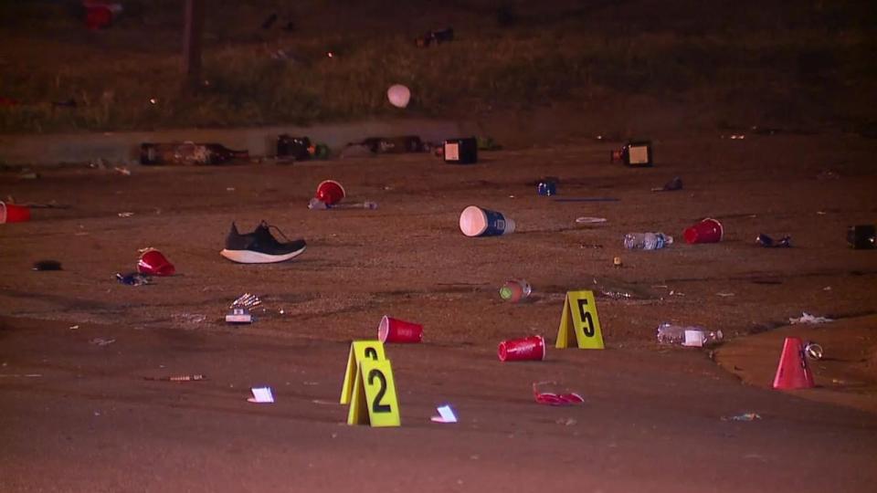 PHOTO: Police investigate a mass shooting that erupted on June 2, 2024, that left one man dead and 24 people injured at a large street party in Akron, Ohio. (ABC News/WEWS)