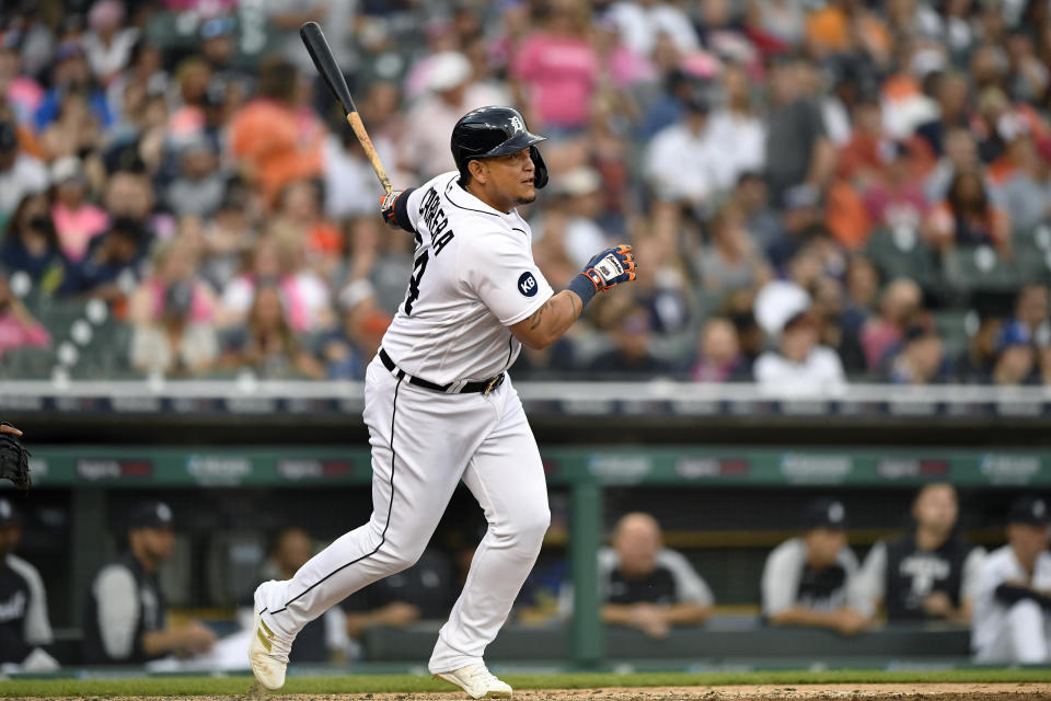 Detroit Tigers' Miguel Cabrera watches his double off Baltimore Orioles starting pitcher Jordan Lyles during the third inning of a baseball game Friday, May 13, 2022, in Detroit. Cabrera reached 602 career doubles, passing Barry Bonds for 17th all-time. (AP Photo/Jose Juarez)