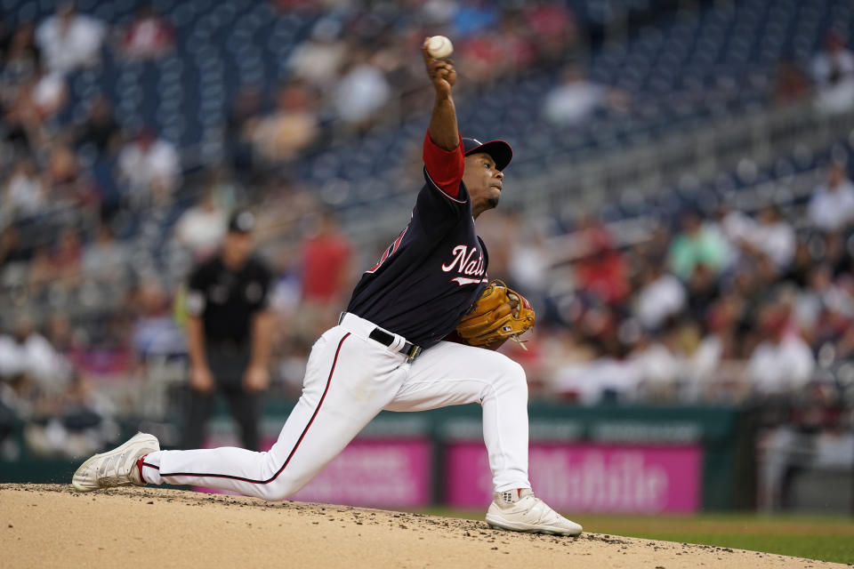 Washington Nationals starting pitcher Josiah Gray throws during the third inning of the team's baseball game against the Miami Marlins at Nationals Park, Friday, July 1, 2022, in Washington. (AP Photo/Alex Brandon)