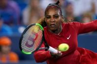 Aug 14, 2018; Mason, OH, USA; Serena Williams (USA) returns a shot against Petra Kvitova (CZE) in the Western and Southern tennis open at Lindner Family Tennis Center. Aaron Doster-USA TODAY Sports