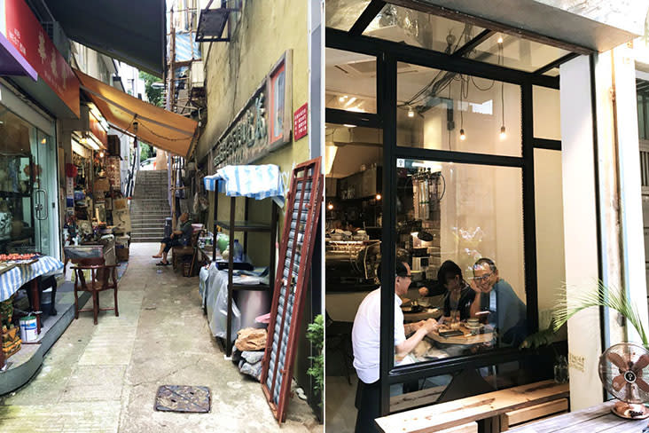 Don’t forget to explore the less obvious small alleys (left). Regulars drop by Halfway Coffee, a tiny neighbourhood café for robust cappuccinos (right).
