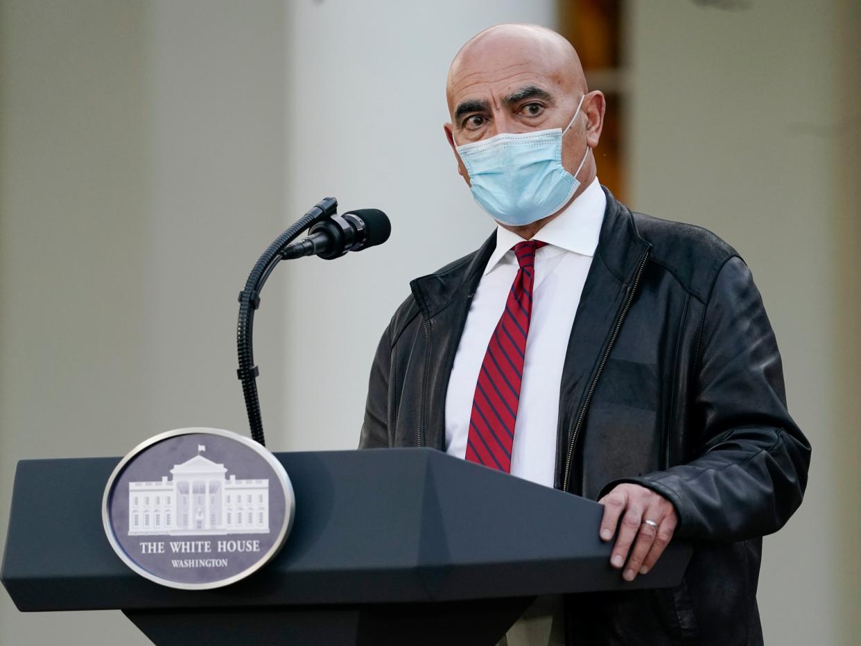 Dr Moncef Slaoui, chief adviser to Operation Warp Speed, speaks in the Rose Garden of the White House (AP)