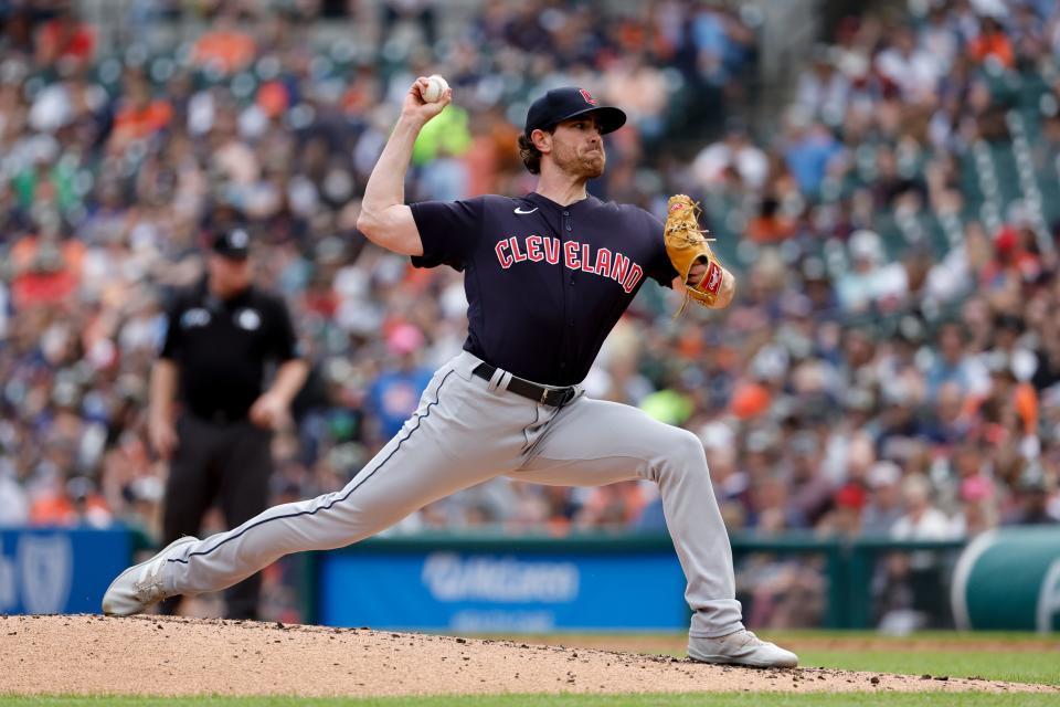 Guardians pitcher Shane Bieber pitches in the second inning against the Tigers on Saturday, May 28, 2022, at Comerica Park.