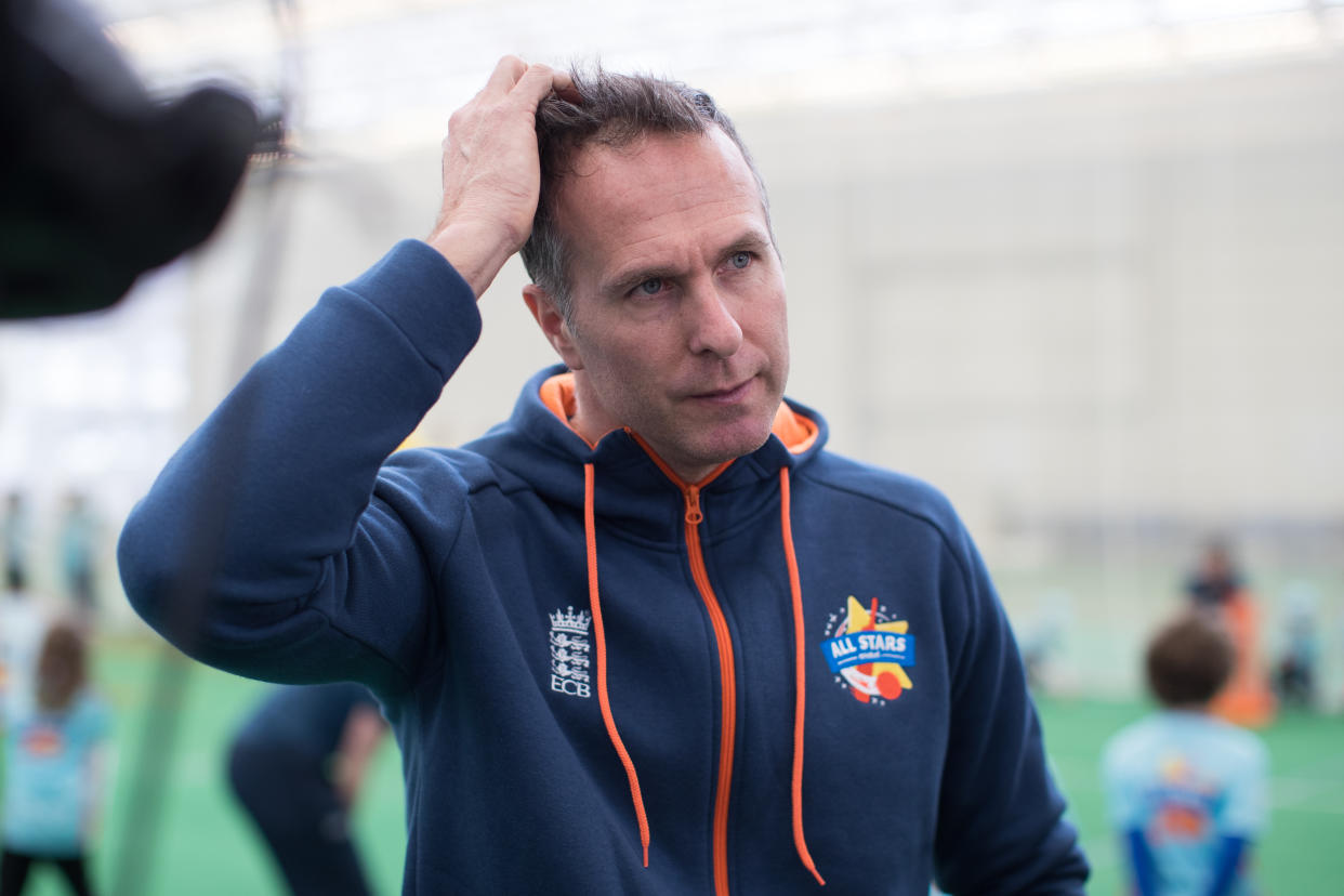 Former England cricket captain Michael Vaughan is interviewed regarding the Australian ball tampering scandal during an All Stars cricket training session at Edgbaston, Birmingham.