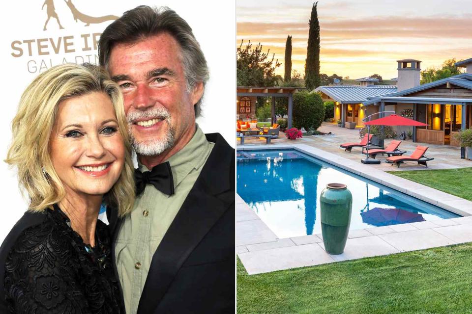 <p>David Livingston/Getty; Jim Bartsch</p> Olivia Newton-John and John Easterling (left) and their California ranch for sale (right)