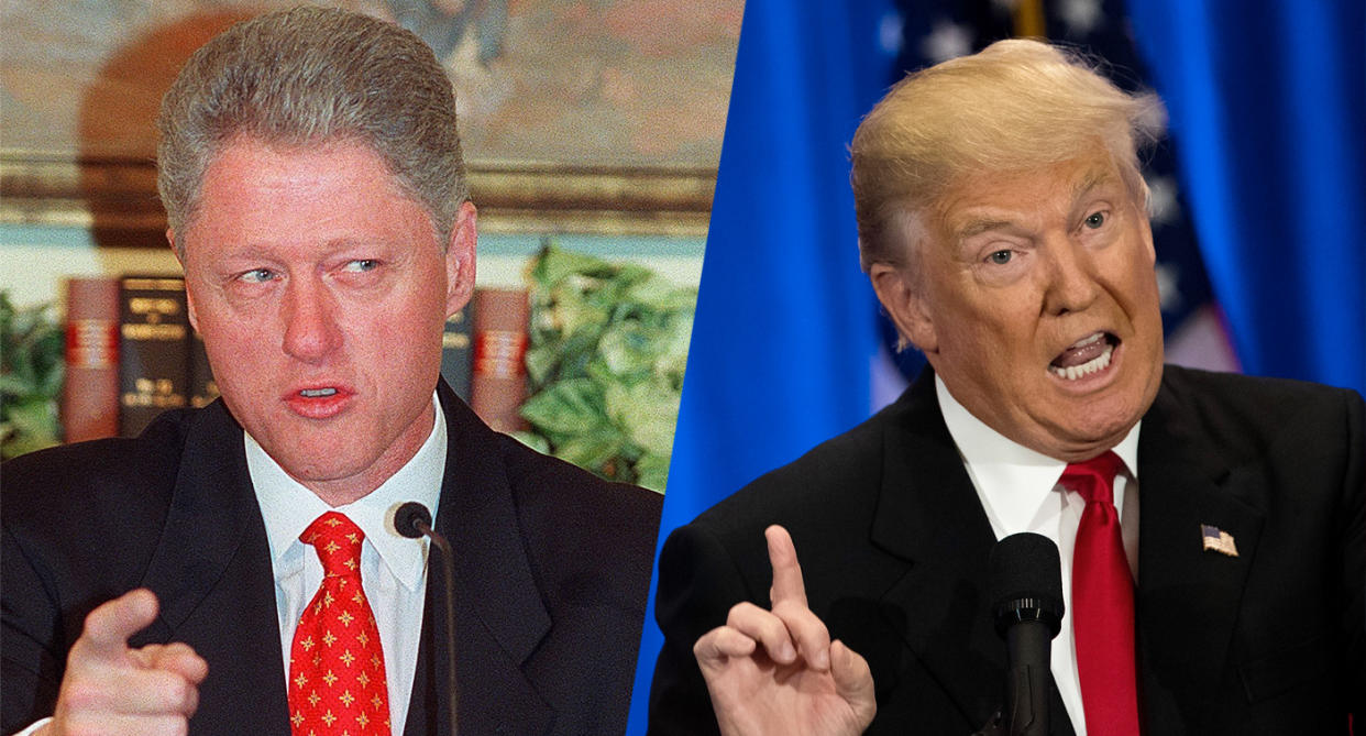 Former President Bill Clinton speaks to reporters about the affair with Monica Lewinsky, left, and Donald Trump speaks during an event at the Trump SoHo hotel.