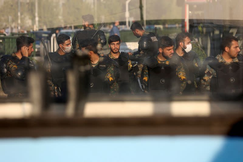 FILE PHOTO: Iran's riot police forces stand in a street in Tehran, Iran