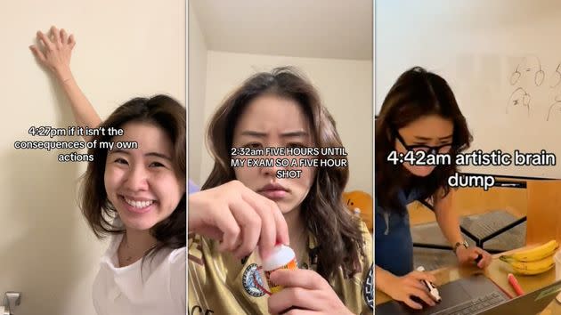 Above, Kay Chung documents her all-nighter test prep for TikToks. 