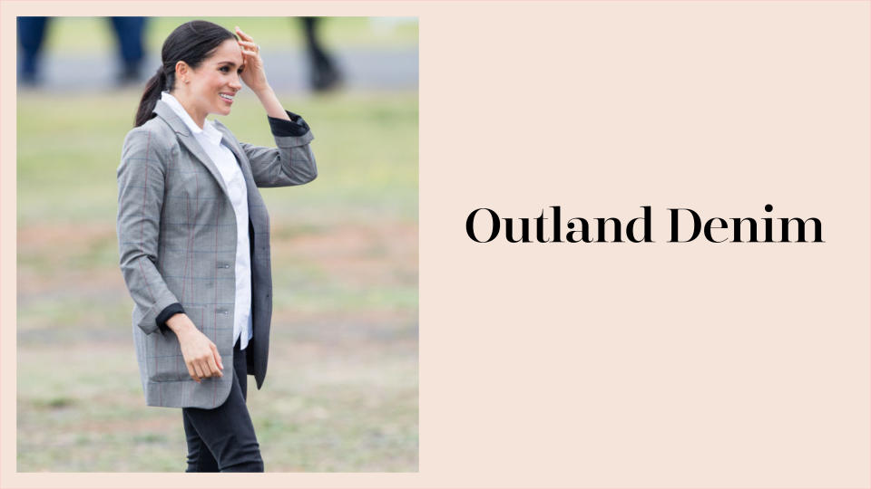 Meghan Markle wears Outland Denim jeans and a plaid blazer by Serena Williams while in Australia during the royal tour. (Photo: Getty Images)