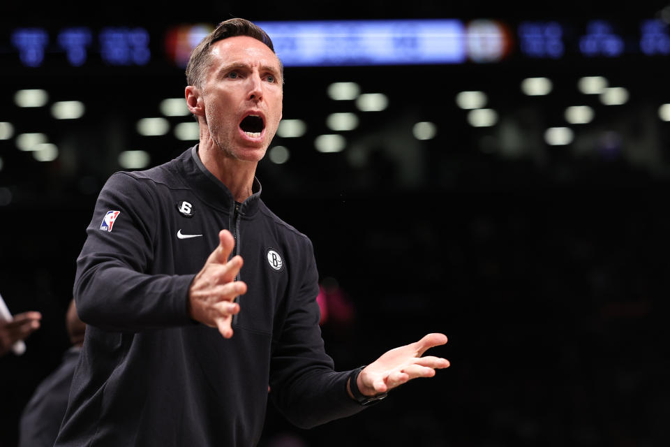 Steve Nash reacts to a call during the second quarter of the Brooklyn Nets' game against the Indiana Pacers at Barclays Center on Halloween in New York City. (Dustin Satloff/Getty Images)