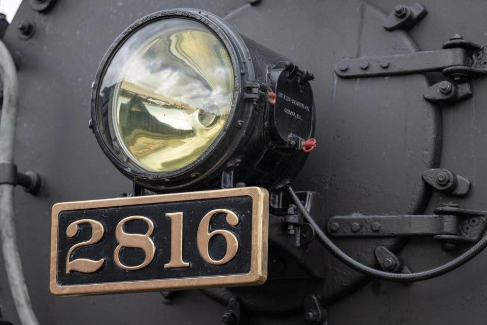 The train number and head lamp on the Empress 2816, a 1930 steam locomotive on Thursday, May 16, 2024, at the CPKC rail yard in Kansas City. Canadian Pacific Kansas City (CPKC) is celebrating its’ anniversary, the merger with KC Southern, with the Final Spike Anniversary Steam Tour, which makes a stop at Union Station on Saturday, May 18, 2024.