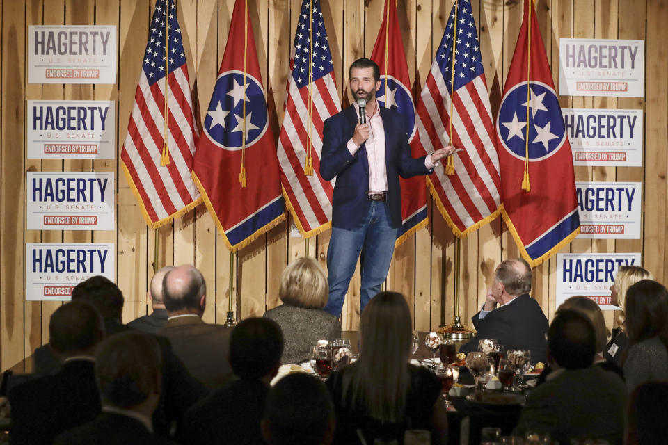 Donald Trump Jr. campaigns for former U.S. Ambassador to Japan Bill Hagerty Tuesday, Jan. 28, 2020, in Gallatin, Tenn. Hagerty is running for U.S. Senate. (AP Photo/Mark Humphrey)