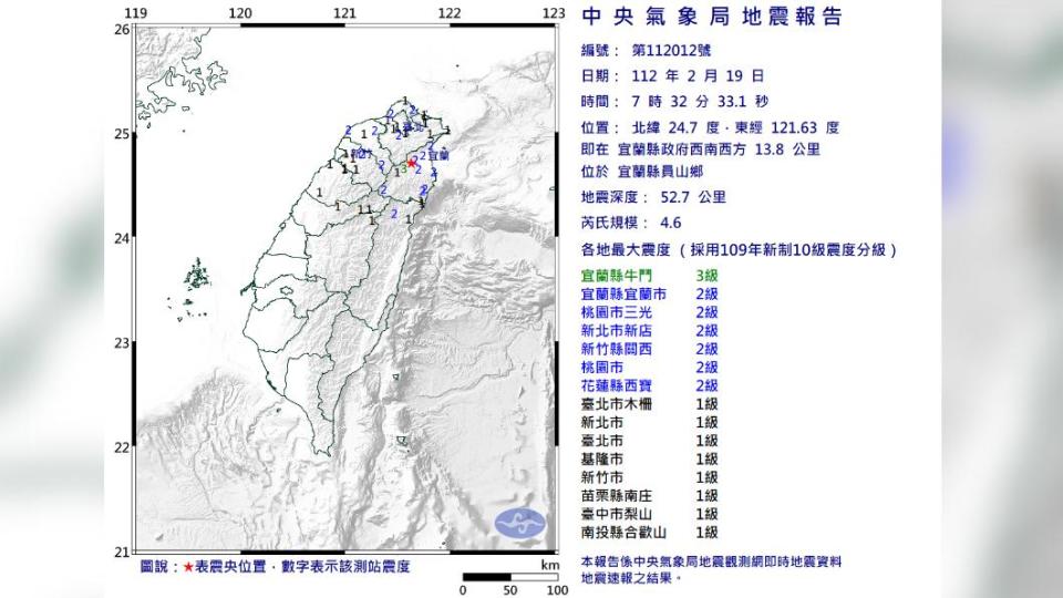 最大震度地區為宜蘭縣牛鬥3級。（圖／中央氣象局）