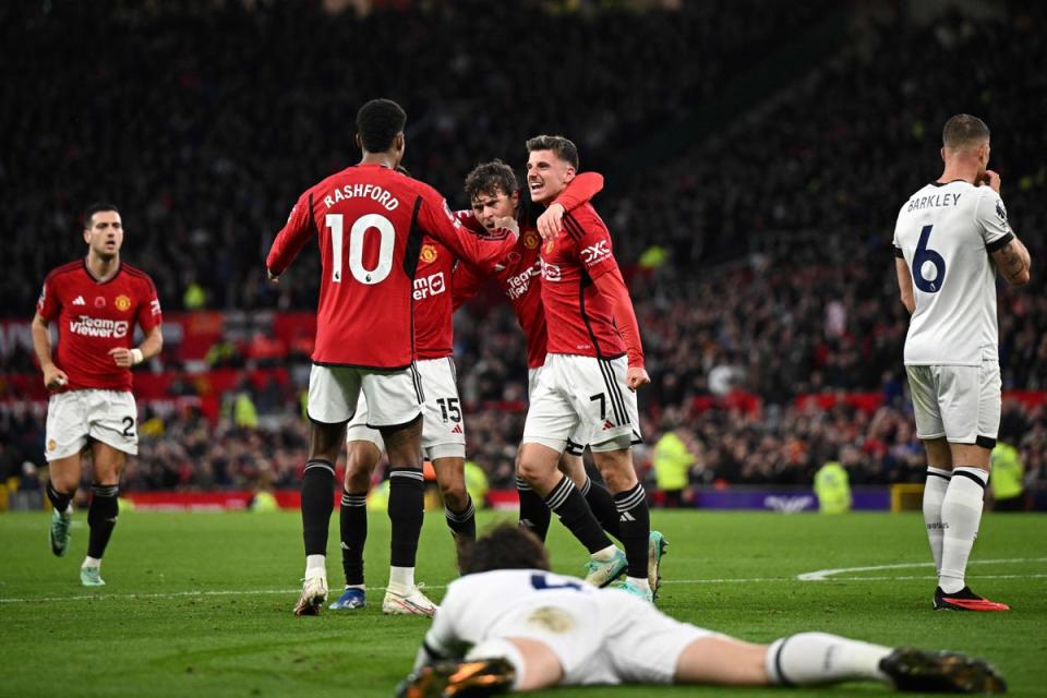 Victor Lindelof and his teammates celebrate after the Swedish defender comes up with the game’s only goal just before the hour mark  (AFP/Getty)