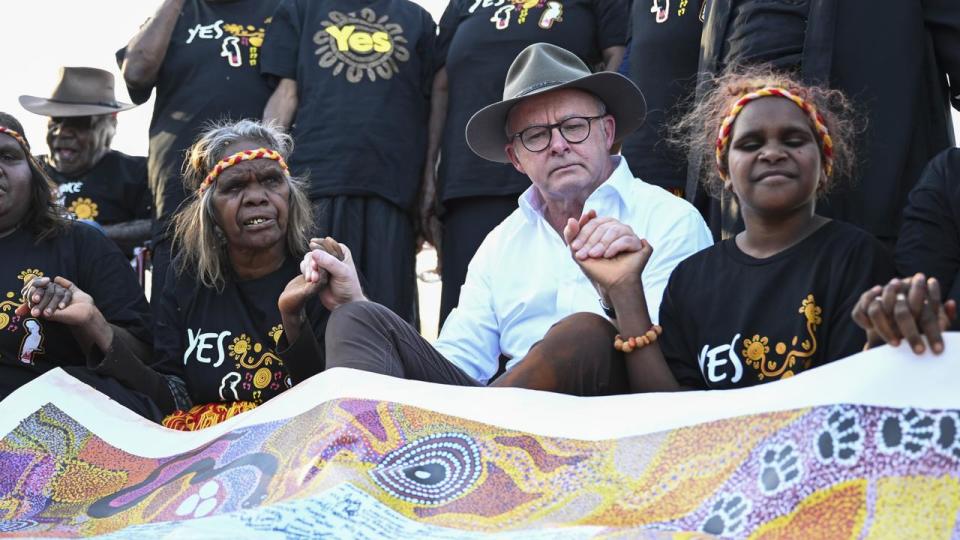 The Prime Minister appeared to become emotional during the ceremony in Uluru National Park today. Picture: NCA NewsWire / Martin Ollman