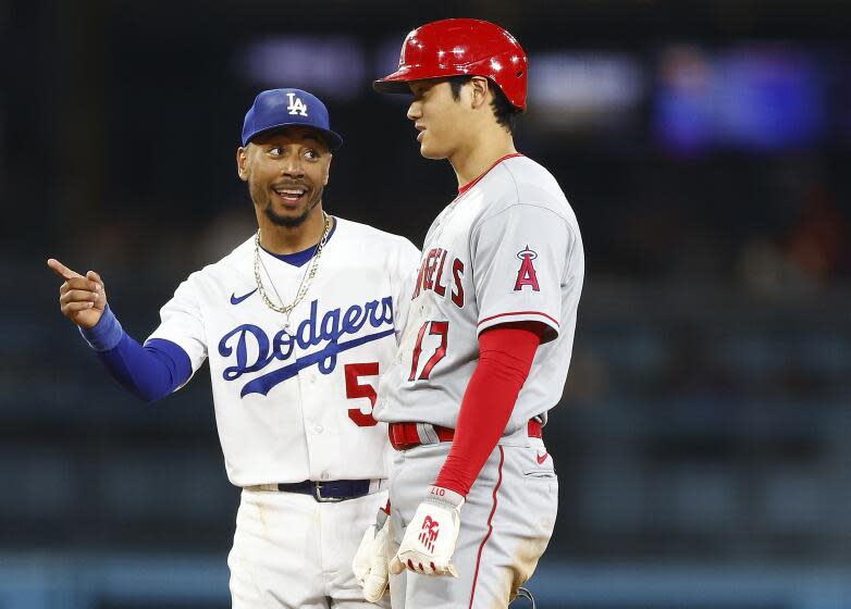 LOS ANGELES, CALIFORNIA - JULY 07: Mookie Betts #50 of the Los Angeles Dodgers.