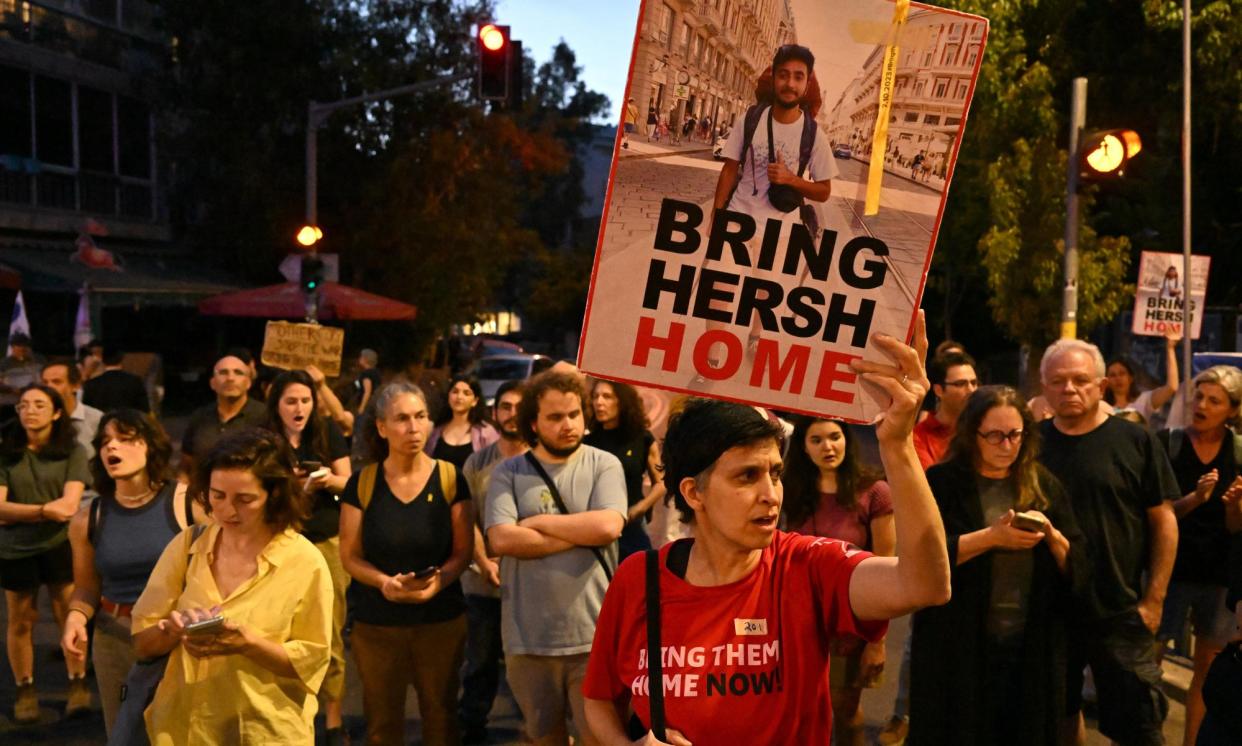 <span>Friends and supporters of hostage Hersh Goldberg-Polin protest outside Benjamin Netanyahu’s residence in Jerusalem.</span><span>Photograph: Debbie Hill/UPI/Rex/Shutterstock</span>