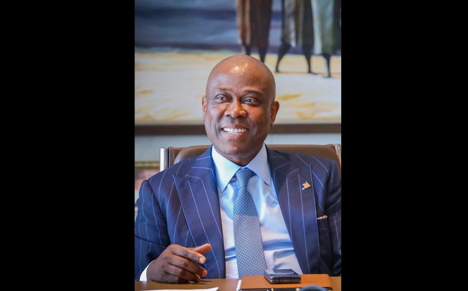 This undated photograph shows Herbert Wigwe, chief executive of Access Bank, Nigeria in his Lagos office. Wigwe was killed Friday, Feb. 9, 2024 along with his wife and son when a helicopter they were riding in crashed near in Southern California's Mojave Desert.