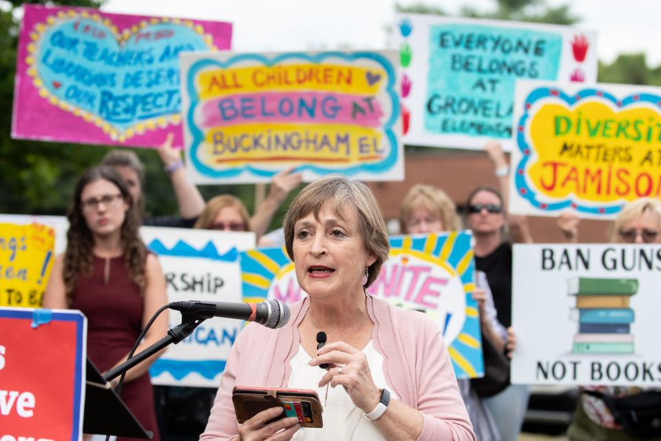 Sharon Ward, senior policy advisor at the Education Law Center, speaks at a press conference held prior to a Central Bucks school board meeting in Doylestown Township on Tuesday, July 26, 2021, where school board directors were expected to vote on proposed library policy which opponents have called a pathway to book bans. "It takes away the rights of parents and students to select what they want to read," said Ward. "That is censorship."