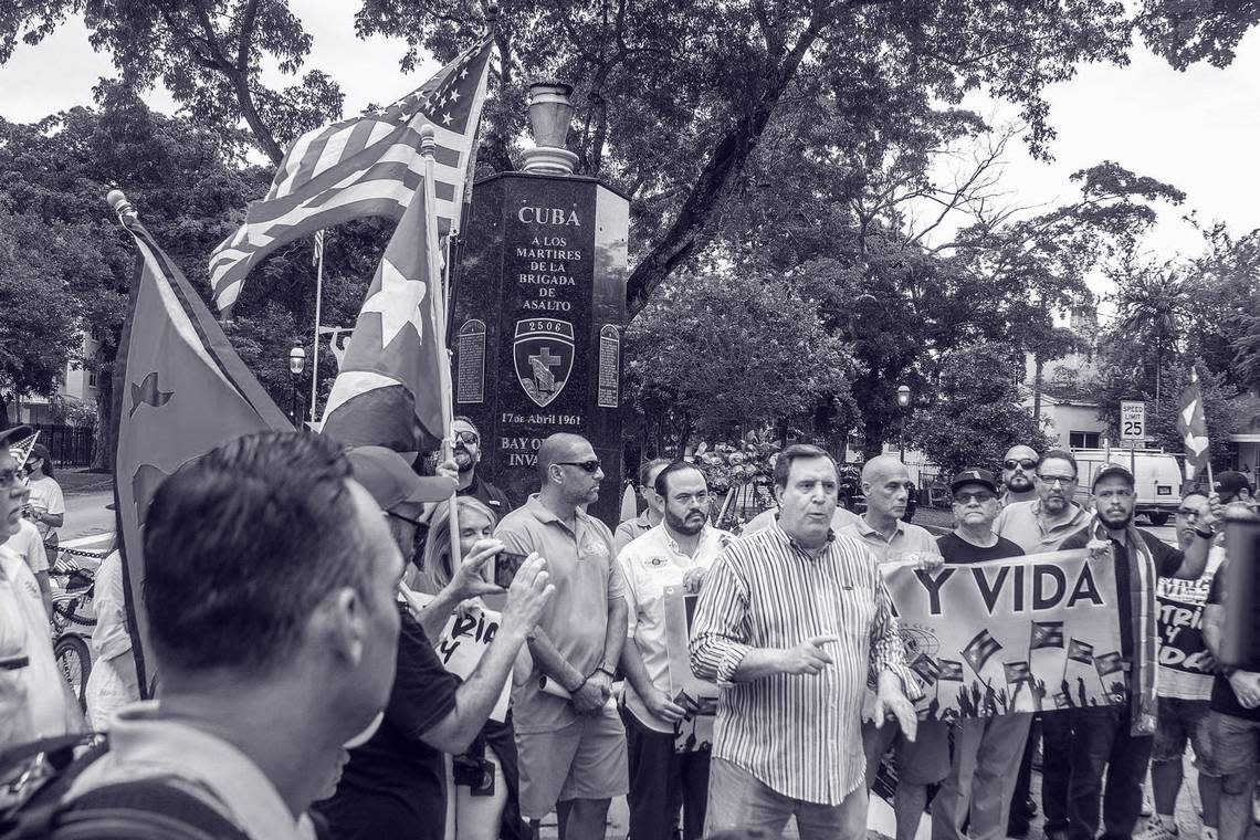 Miami Commissioner Joe Carollo speaks on Friday, July 23, 2021, at the Bay of Pigs Monument during a march called by the Kiwanis Club of Little Havana along Southwest Eighth Street to show solidarity and support for Cubans on the island.