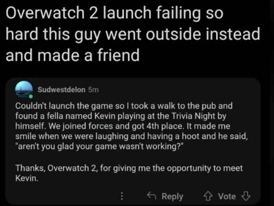 "Overwatch 2 launch failing so hard this guy went outside instead and made a friend"