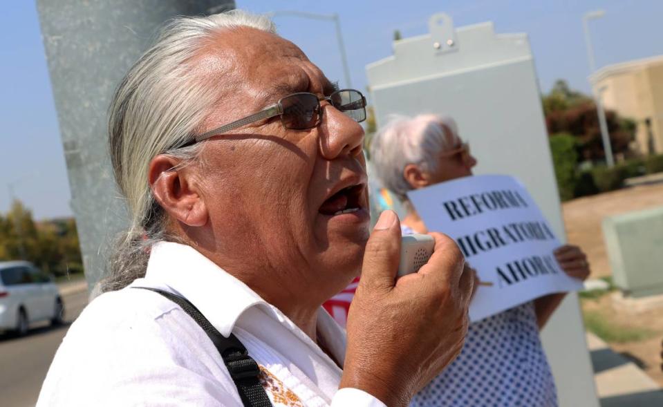 Community advocate Ángel Noriega led a pro-immigration reform demonsrration on the corner of Herndon and Armstrong near Clovis office of House Speaker Kevin McCarthy on Sept. 1, 2023 rally.