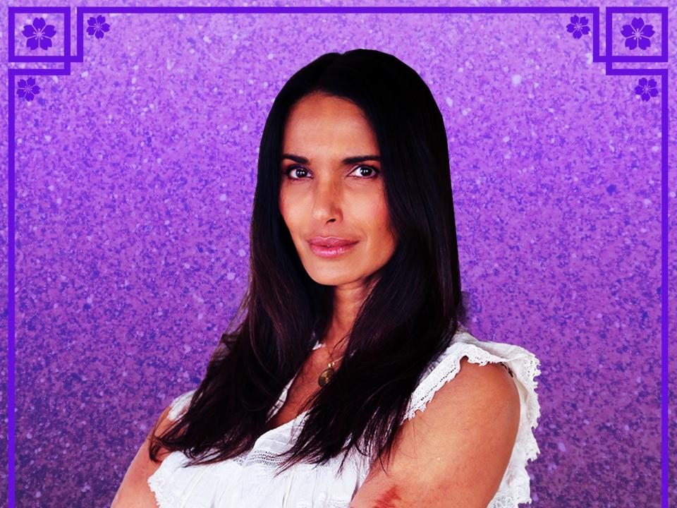 Padma Lakshmi in front of a purple background