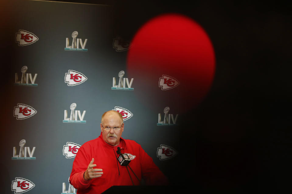 Kansas City Chiefs head coach Andy Reid speaks during a news conference on Thursday, Jan. 30, 2020, in Aventura, Fla., for the NFL Super Bowl 54 football game. (AP Photo/Brynn Anderson)