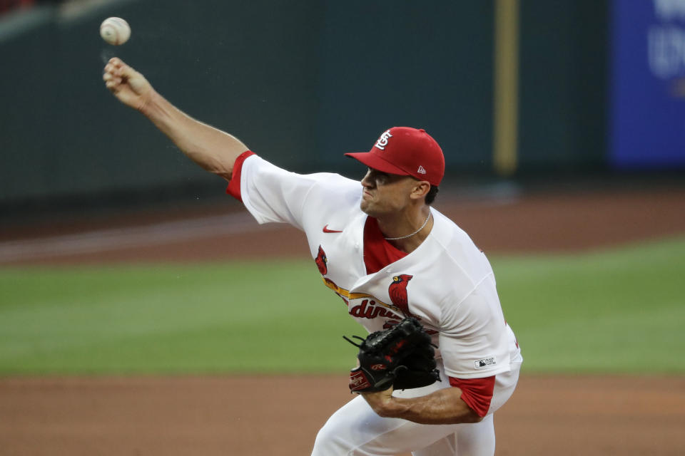 St. Louis Cardinals starting pitcher Jack Flaherty throws during the second inning of a baseball game against the Pittsburgh Pirates Friday, July 24, 2020, in St. Louis. (AP Photo/Jeff Roberson)