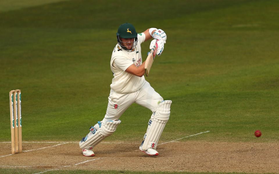 Joe Clarke of Nottinghamshire hits the ball towards the boundary during day three of the Specsavers County Championship Division One match between Nottinghamshire and Yorkshire at Trent Bridge on April 07, 2019 in Nottingham, England