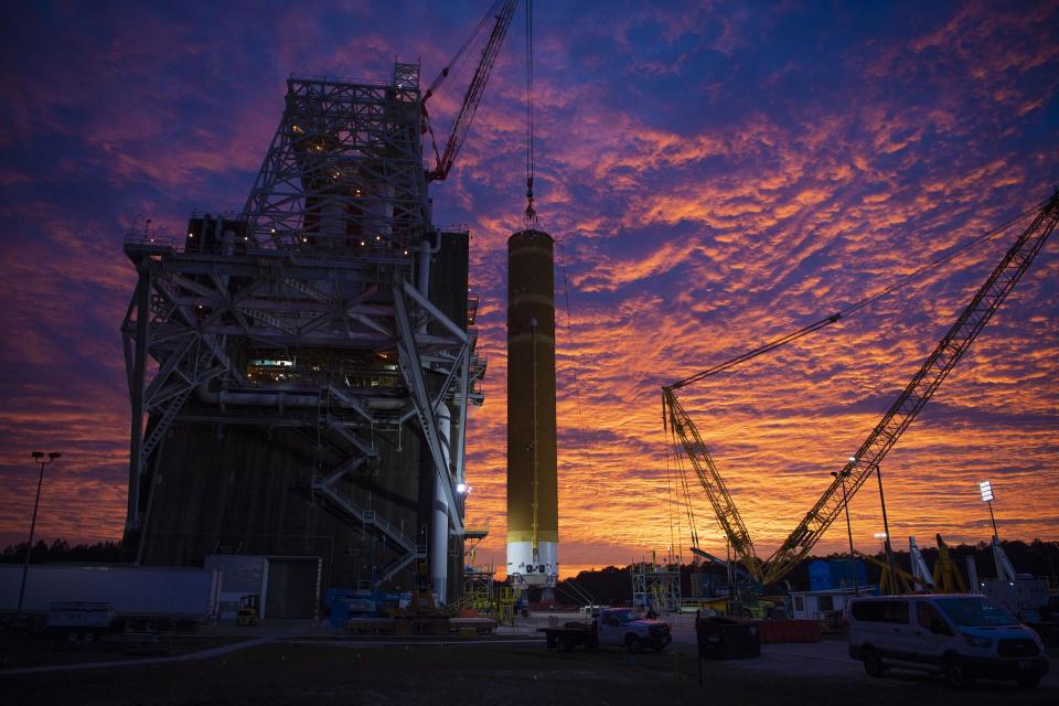 Crews at Stennis Space Center lifted and installed the first core stage of NASA’s new Space Launch System rocket onto the test stand. Through the Artemis program, NASA will send humans, including the first woman and next man, to the moon to establish a sustainable presence.