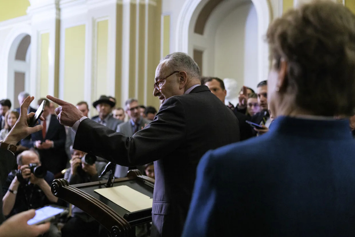 Senate Majority Leader Chuck Schumer (D-N.Y.) takes questions during the weekly Democratic Party luncheon news conference on Capitol Hill in Washington, on Tuesday, Feb. 6, 2024. (Anna Rose Layden/The New York Times)