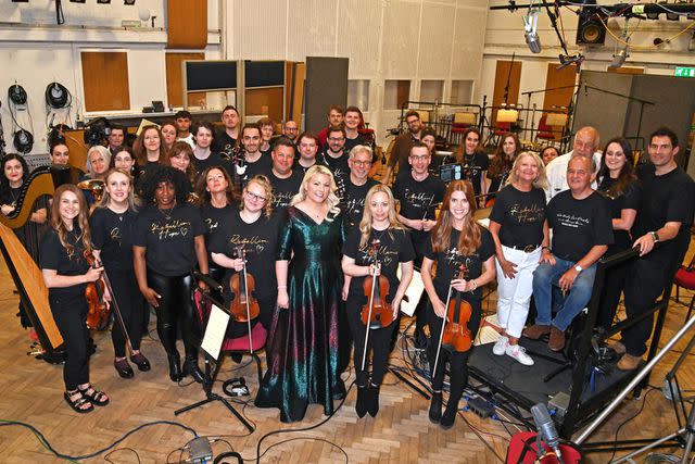 <p>Dave Benett/Getty Images</p> Natalie Rushdie with the 25-piece orchestra at Abbey Road Studios in June 2023