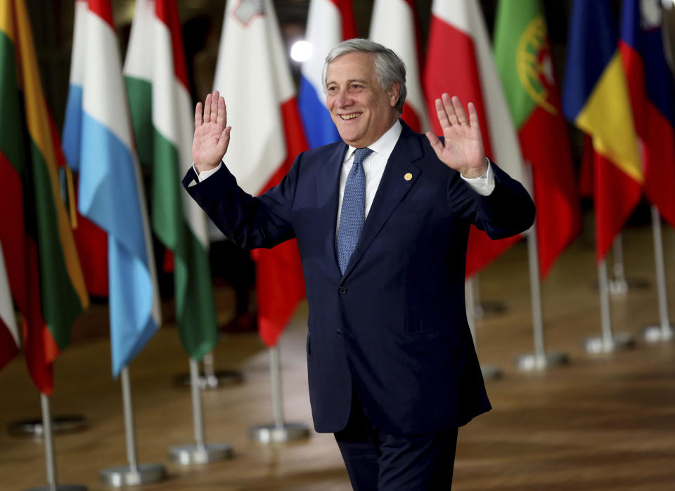 European Parliament President Antonio Tajani arrives for an EU summit in Brussels, Wednesday, Oct. 17, 2018. European Union leaders are converging on Brussels for what had been billed as a "moment of truth" Brexit summit but which now holds little promise for a breakthrough. (AP Photo/Francisco Seco)