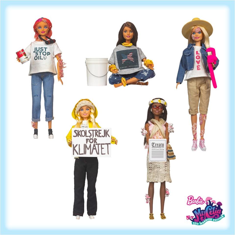 A social media fake by the Barbie Liberation Organization claimed that Mattel toys would become plastic free by 2030, and come out with decomposing "EcoWarrior" Barbie. The Barbies represent Julia Butterfly Hill, Greta Thunberg, Nemonte Nenquimo, Phoebe Plummer and Daryl Hannah.