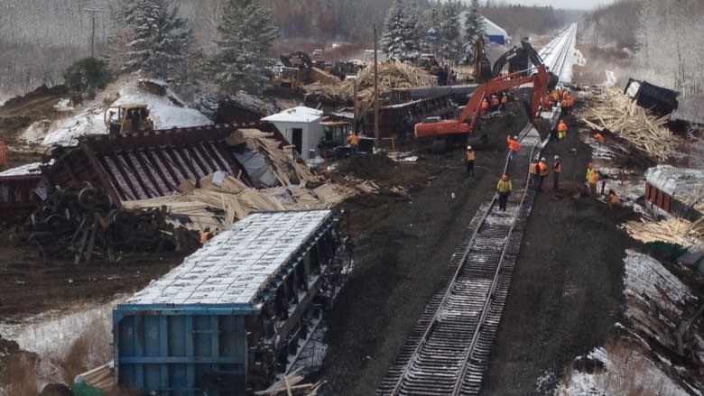 Thirteen rail cars - one carrying sulphur dioxide and 12 carrying lumber - derailed west of Edmonton Sunday morning. 