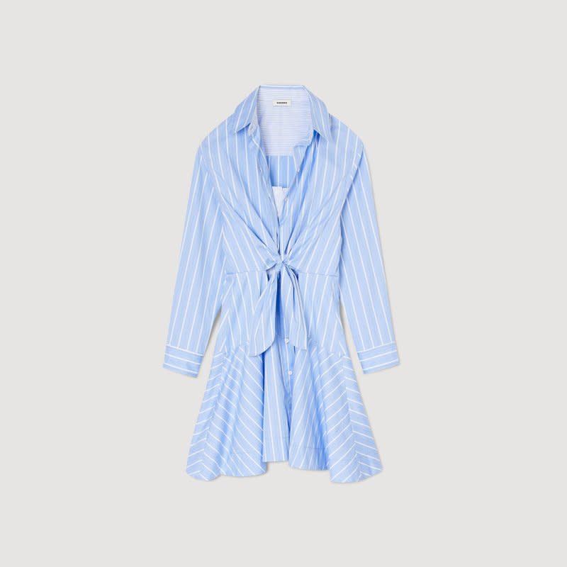 <p>Sandro Striped Tie-Front Dress, $415, <a href="https://rstyle.me/+O7Mm_ActyWw7N9OHHWNP8A" rel="nofollow noopener" target="_blank" data-ylk="slk:available here;elm:context_link;itc:0;sec:content-canvas" class="link ">available here</a> (sizes US 2-10)</p>