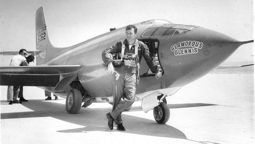 Copy of 1950 File Photo of Chuck Yeager, who first flew the little X–1 faster than sound on Oct. 14, 1947, shown just after making this last flight.Photo/Art by: Unknown Photographer