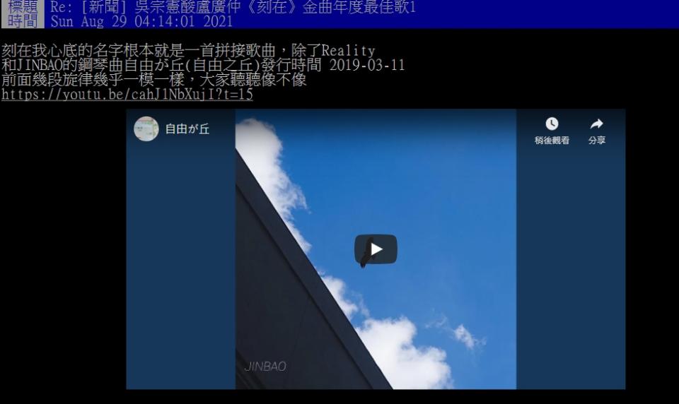 網友爆料《刻在》和JINBAO的鋼琴曲《自由が丘》旋律相像。（圖／翻攝自PTT）